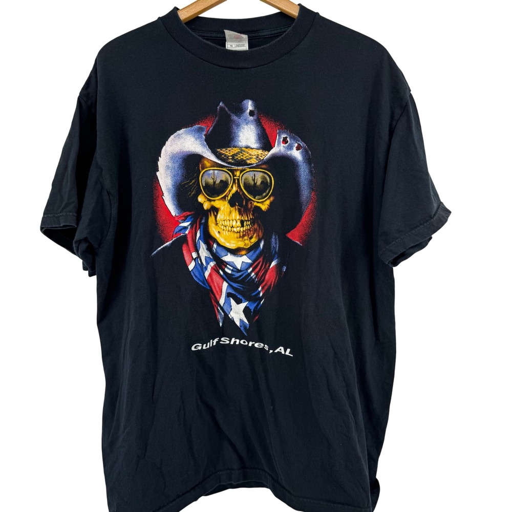 Vintage Fruit of the Loom Cowboy Skull Graphic T-Shirt Black XL Heavy Cotton Y2K